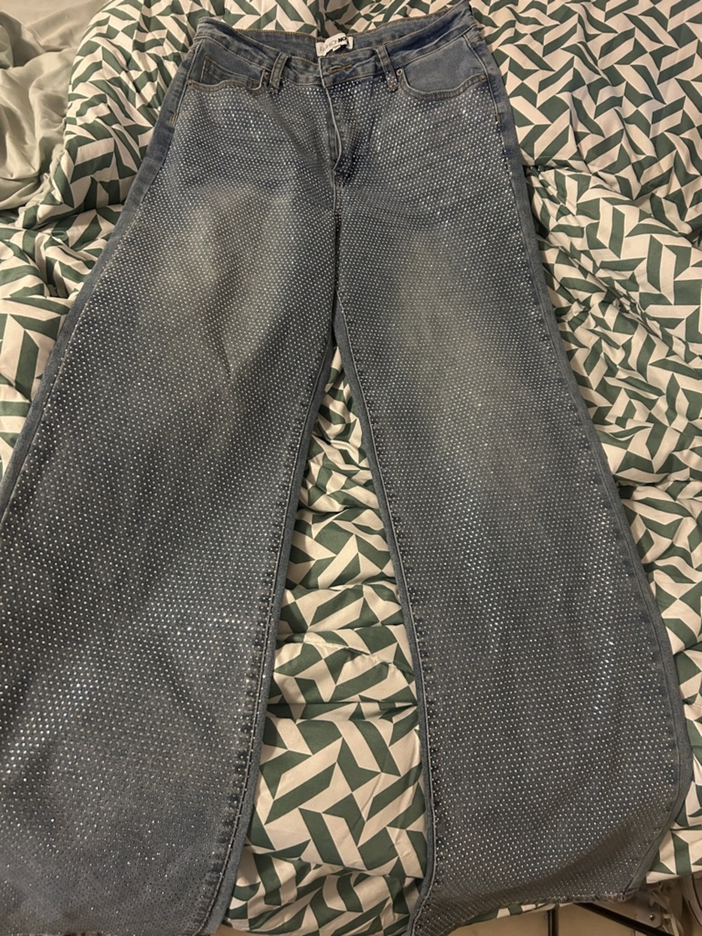 Fashion Nova Blue Wide-Leg Rhinestone Jeans